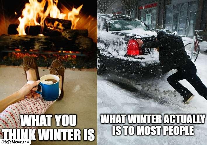 Winter reality |  WHAT WINTER ACTUALLY IS TO MOST PEOPLE; WHAT YOU THINK WINTER IS | image tagged in winter,cold,hate winter,reality,what you think,freezing | made w/ Lifeismeme meme maker