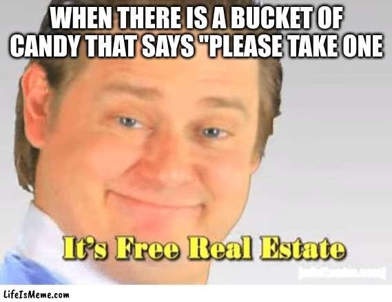 funny fun |  WHEN THERE IS A BUCKET OF CANDY THAT SAYS "PLEASE TAKE ONE | image tagged in it's free real estate | made w/ Lifeismeme meme maker