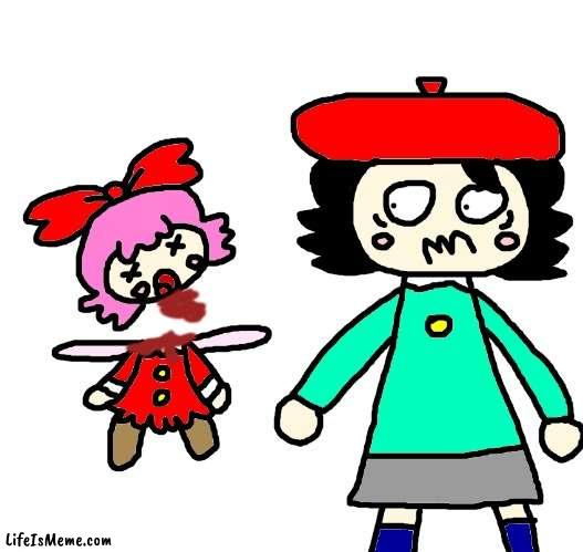 Adeleine is scared of Ribbon being dead | image tagged in kirby,gore,blood,funny,cute,comics/cartoons | made w/ Lifeismeme meme maker