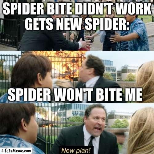 Should possibly get that checked out (2) |  SPIDER BITE DIDN'T WORK
GETS NEW SPIDER:; SPIDER WON'T BITE ME | image tagged in new plan,spiderman,spider,oops,welp,mistake | made w/ Lifeismeme meme maker