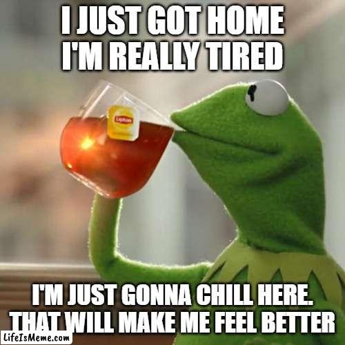i'm feeling good. |  I JUST GOT HOME I'M REALLY TIRED; I'M JUST GONNA CHILL HERE. THAT WILL MAKE ME FEEL BETTER | image tagged in memes,but that's none of my business,kermit the frog | made w/ Lifeismeme meme maker