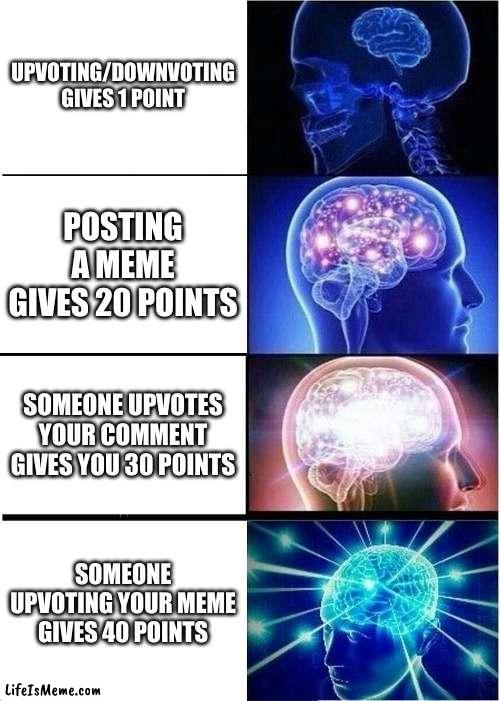 could we reach 4000 points |  UPVOTING/DOWNVOTING GIVES 1 POINT; POSTING A MEME GIVES 20 POINTS; SOMEONE UPVOTES YOUR COMMENT GIVES YOU 30 POINTS; SOMEONE UPVOTING YOUR MEME GIVES 40 POINTS | image tagged in memes,expanding brain | made w/ Lifeismeme meme maker