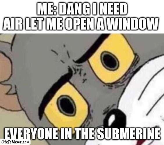 Tom Cat Unsettled Close up |  ME: DANG I NEED AIR LET ME OPEN A WINDOW; EVERYONE IN THE SUBMERINE | image tagged in tom cat unsettled close up | made w/ Lifeismeme meme maker