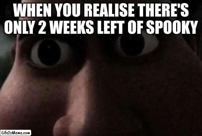 Titan stare |  WHEN YOU REALISE THERE'S ONLY 2 WEEKS LEFT OF SPOOKY | image tagged in titan stare,spooky | made w/ Lifeismeme meme maker