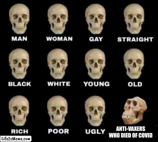 seriously people... |  ANTI-VAXERS WHO DIED OF COVID | image tagged in idiot skull,covid-19,anti vax | made w/ Lifeismeme meme maker