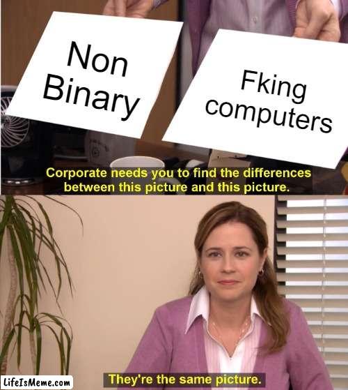 10101001111011101101000010101010101000001001010100101010010010 |  Non Binary; Fking computers | image tagged in memes,they're the same picture | made w/ Lifeismeme meme maker