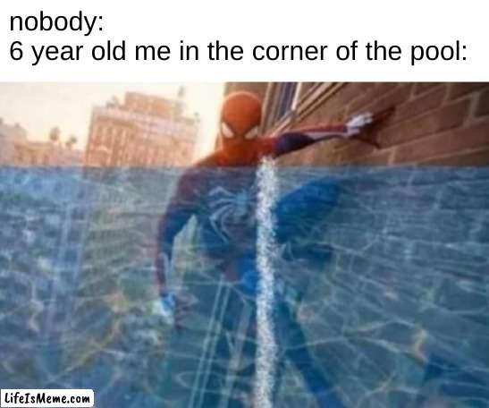 spooderman |  nobody:
6 year old me in the corner of the pool: | image tagged in funny,memes,funny memes,spiderman,barney will eat all of your delectable biscuits,mother ignoring kid drowning in a pool | made w/ Lifeismeme meme maker