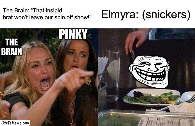 Elmyra, Get Out Of Our Show! |  The Brain: “That insipid brat won’t leave our spin off show!”; Elmyra: (snickers); PINKY; THE BRAIN | image tagged in memes,woman yelling at cat,pinky and the brain,elmyra duff,animaniacs,funny memes | made w/ Lifeismeme meme maker