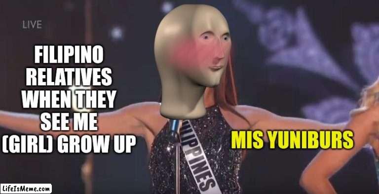 Getting uncomfortable about comparing me and miss universe |  FILIPINO RELATIVES WHEN THEY SEE ME (GIRL) GROW UP; MIS YUNIBURS | image tagged in philippines catriona gray,memes,asian,relatable,relatable memes,miss universe | made w/ Lifeismeme meme maker