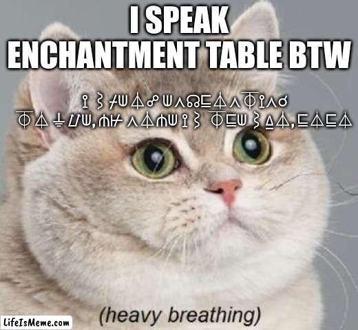 ??꧅?꧅??꧅??꧅?꧅?? |  I SPEAK ENCHANTMENT TABLE BTW; ⟟ ⌇⌿⟒⏃☍ ⟒⋏☊⊑⏃⋏⏁⟟⋏☌ ⏁⏃⏚⌰⟒, ⋔⊬ ⋏⏃⋔⟒ ⟟⌇ ⏁⊑⟒⌇⍙⏃, ⊑⏃⊑⏃ | image tagged in memes,heavy breathing cat | made w/ Lifeismeme meme maker