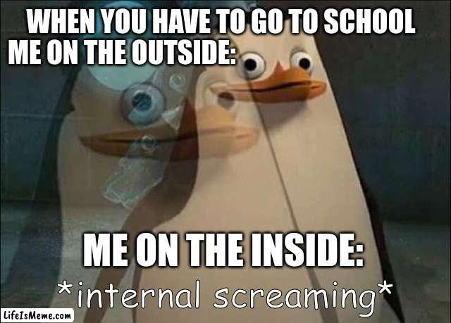 Me when I have to go to school |  WHEN YOU HAVE TO GO TO SCHOOL
ME ON THE OUTSIDE:; ME ON THE INSIDE: | image tagged in internal screaming | made w/ Lifeismeme meme maker