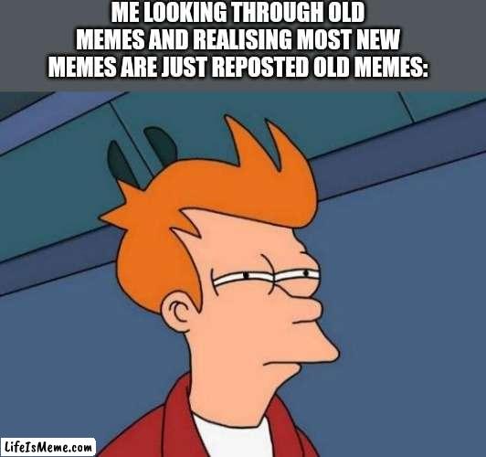 I bet even this meme has been made before |  ME LOOKING THROUGH OLD MEMES AND REALISING MOST NEW MEMES ARE JUST REPOSTED OLD MEMES: | image tagged in memes,futurama fry | made w/ Lifeismeme meme maker