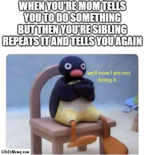 so tru, its so annoying when they do this |  WHEN YOU'RE MOM TELLS YOU TO DO SOMETHING BUT THEN YOU'RE SIBLING REPEATS IT AND TELLS YOU AGAIN | image tagged in well now i am not doing it,memes,funny,relatable,annoying,sad but true | made w/ Lifeismeme meme maker