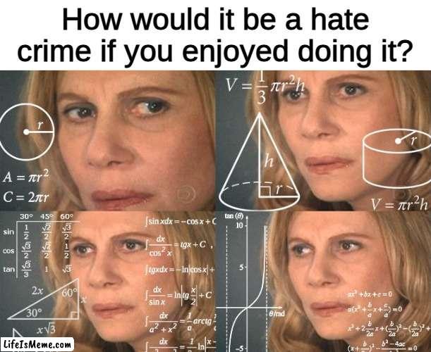"Your honor, my client says he did not commit a hate crime. He liked doing it" |  How would it be a hate crime if you enjoyed doing it? | image tagged in calculating meme,funny,memes,gifs,not really a gif,stop reading the tags | made w/ Lifeismeme meme maker