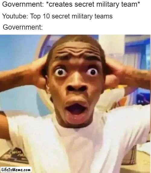 yt be like |  Government: *creates secret military team*; Youtube: Top 10 secret military teams; Government: | image tagged in funny,surprised | made w/ Lifeismeme meme maker