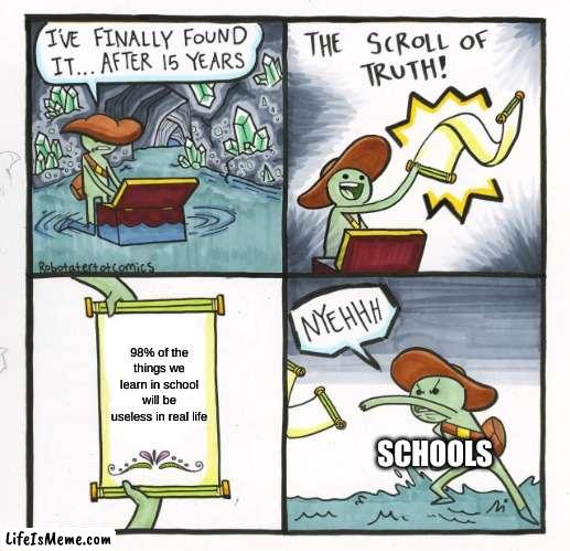 Reality check for schools |  98% of the things we learn in school will be useless in real life; SCHOOLS | image tagged in memes,the scroll of truth | made w/ Lifeismeme meme maker