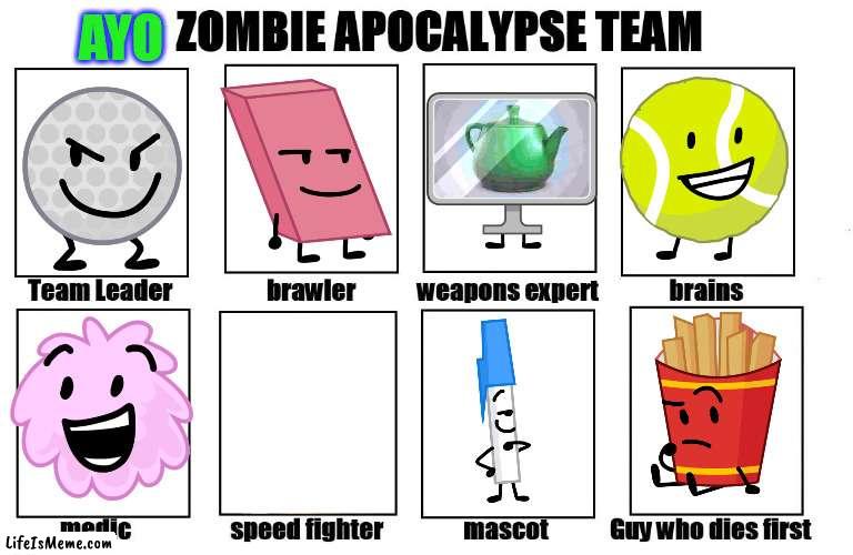 TPOT Zombie Apocalypse Team: Are You Okay |  AYO | image tagged in my zombie apocalypse team,bfb | made w/ Lifeismeme meme maker