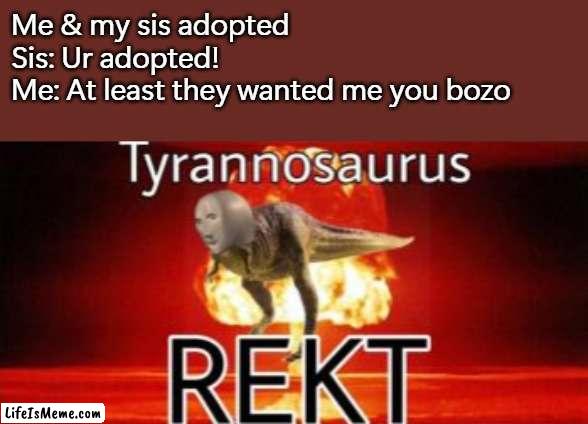 me & my sis are truly NOT ADOPTED, this is JUST A MEME |  Me & my sis adopted
Sis: Ur adopted!
Me: At least they wanted me you bozo | image tagged in tyrannosaurus rekt,rekt | made w/ Lifeismeme meme maker