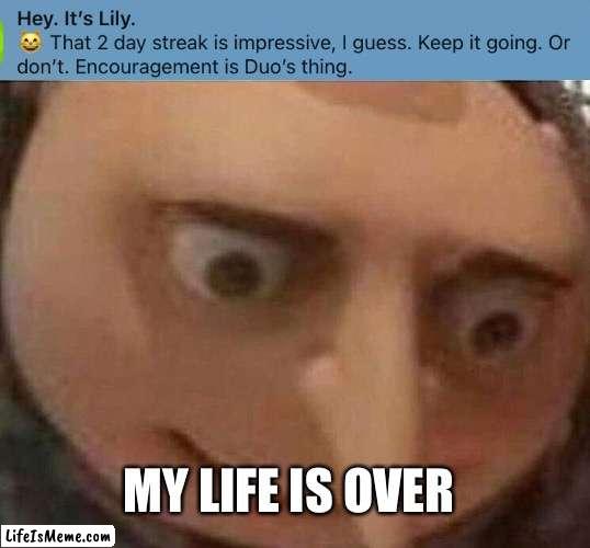 Time to die I guess |  MY LIFE IS OVER | image tagged in gru meme | made w/ Lifeismeme meme maker