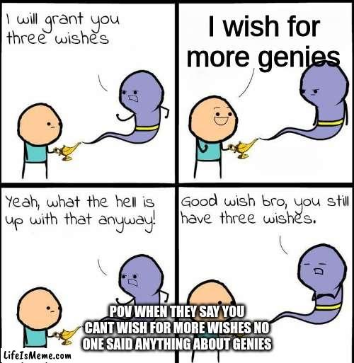 geine wishing for more gienes be like |  I wish for more genies; POV WHEN THEY SAY YOU CANT WISH FOR MORE WISHES NO ONE SAID ANYTHING ABOUT GENIES | image tagged in genie what the hell is up with that anyway | made w/ Lifeismeme meme maker