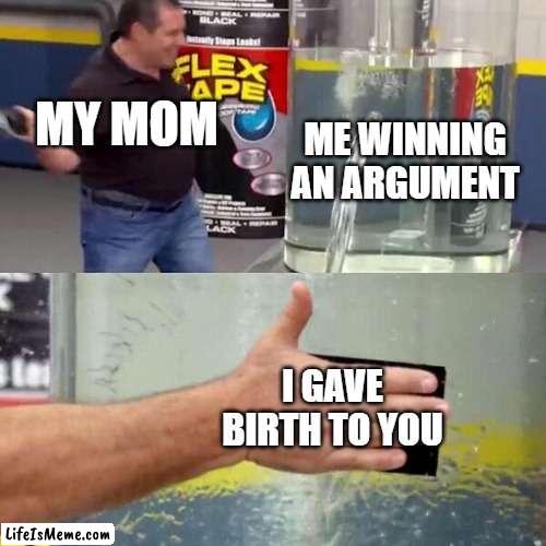 Phil Swift Slapping on Flex Tape |  MY MOM; ME WINNING AN ARGUMENT; I GAVE BIRTH TO YOU | image tagged in phil swift slapping on flex tape,argument,mom,relatable,meme,funny | made w/ Lifeismeme meme maker
