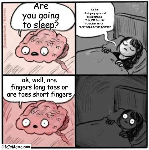 hmmmmmmmmmmmmmmmmmm |  No i'm closing my eyes and doing nothing; YES I'M GOING TO SLEEP WHAT ELSE WOULD I BE DOING? Are you going to sleep? ok, well, are fingers long toes or are toes short fingers | image tagged in brain before sleep | made w/ Lifeismeme meme maker