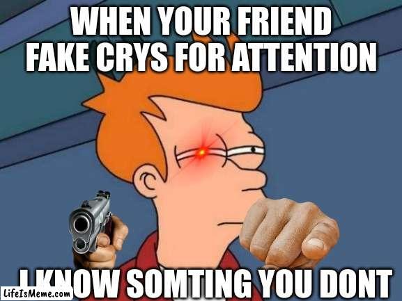 txtl;df;fiy;y |  WHEN YOUR FRIEND FAKE CRYS FOR ATTENTION; I KNOW SOMTING YOU DONT | image tagged in funny | made w/ Lifeismeme meme maker