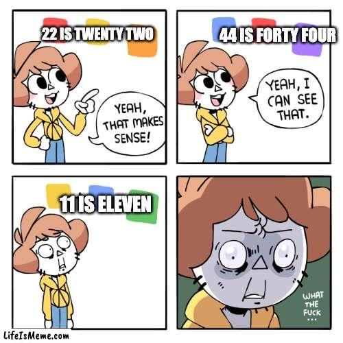 Yeah That Makes Sense |  44 IS FORTY FOUR; 22 IS TWENTY TWO; 11 IS ELEVEN | image tagged in yeah that makes sense | made w/ Lifeismeme meme maker