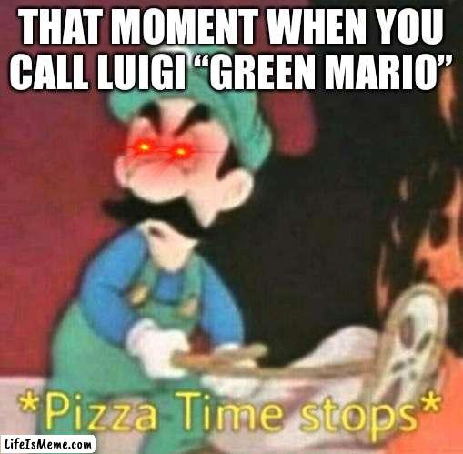 It’s almost the tenth year anniversary of Luigi’s year |  THAT MOMENT WHEN YOU CALL LUIGI “GREEN MARIO” | image tagged in pizza time stops | made w/ Lifeismeme meme maker