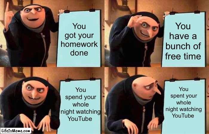 :( it’s true tho |  You got your homework done; You have a bunch of free time; You spent your whole night watching YouTube; You spend your whole night watching YouTube | image tagged in memes,gru's plan,youtube | made w/ Lifeismeme meme maker