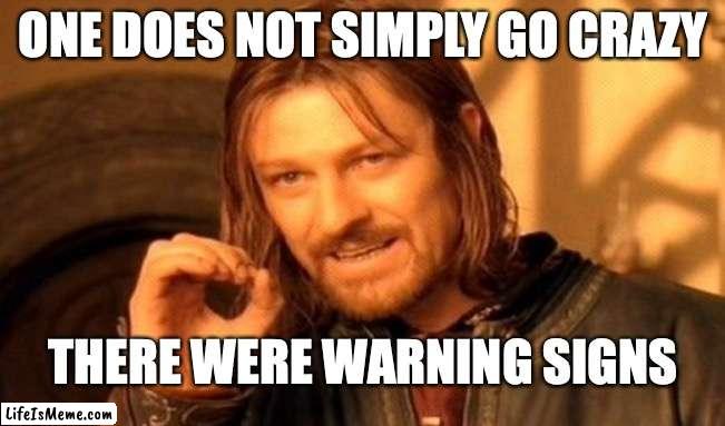 One does not simply go crazy... | ONE DOES NOT SIMPLY GO CRAZY; THERE WERE WARNING SIGNS | image tagged in memes,one does not simply | made w/ Lifeismeme meme maker
