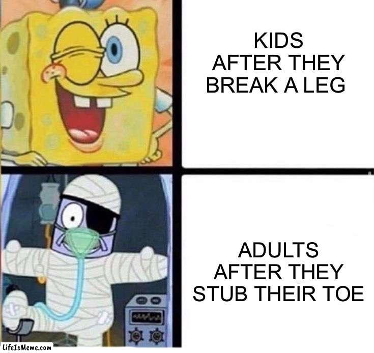 Breaking your leg as a kid is bad, but it heals pretty quickly, happened to me last summer. | KIDS AFTER THEY BREAK A LEG; ADULTS AFTER THEY STUB THEIR TOE | image tagged in memes,funny,ouch,pain,oop,kids vs adults | made w/ Lifeismeme meme maker