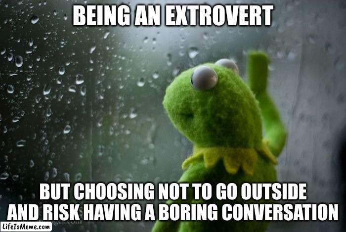 Choosing Introvert Life | BEING AN EXTROVERT; BUT CHOOSING NOT TO GO OUTSIDE AND RISK HAVING A BORING CONVERSATION | image tagged in kermit window,mbti,myers briggs,memes,entp,personality | made w/ Lifeismeme meme maker