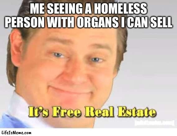 memes of real estate | ME SEEING A HOMELESS PERSON WITH ORGANS I CAN SELL | image tagged in it's free real estate,true | made w/ Lifeismeme meme maker