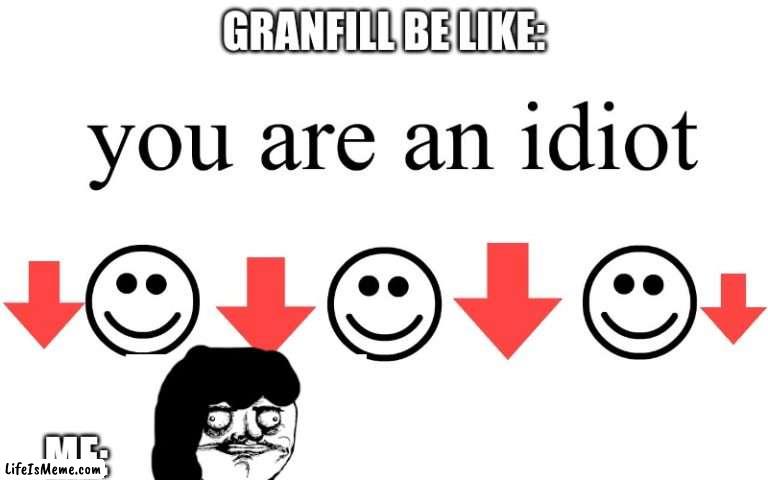 Granfill be like (just stop going in my account and u will be fine): | GRANFILL BE LIKE:; ME: | image tagged in you are an idiot,reniita,me gusta | made w/ Lifeismeme meme maker