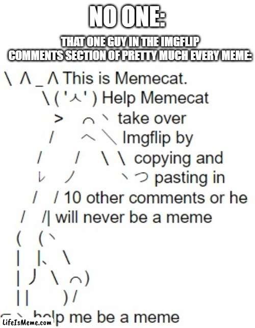 Memecat | NO ONE:; THAT ONE GUY IN THE IMGFLIP COMMENTS SECTION OF PRETTY MUCH EVERY MEME: | image tagged in memecat,memes,relatable,spooktober,spooky month,funny | made w/ Lifeismeme meme maker