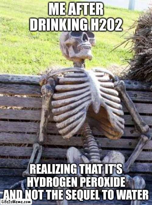 So it's not the sequel to water... | ME AFTER DRINKING H202; REALIZING THAT IT'S HYDROGEN PEROXIDE AND NOT THE SEQUEL TO WATER | image tagged in memes,waiting skeleton | made w/ Lifeismeme meme maker