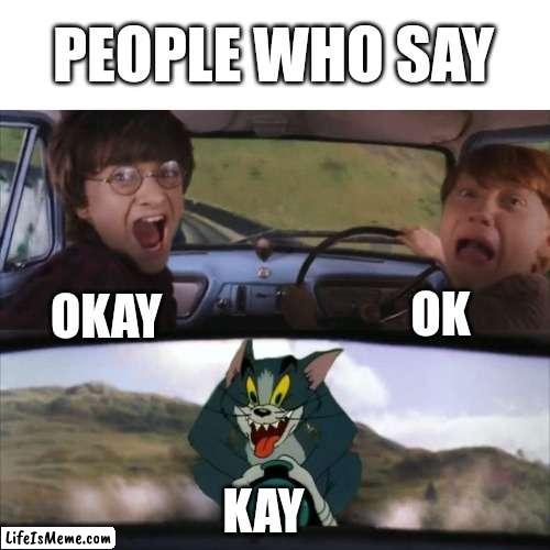 K isn't as bad | PEOPLE WHO SAY; OK; OKAY; KAY | image tagged in tom chasing harry and ron weasly,memes,true,relatable | made w/ Lifeismeme meme maker