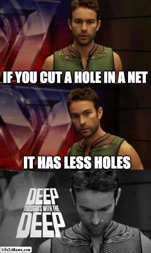 Net | IF YOU CUT A HOLE IN A NET; IT HAS LESS HOLES | image tagged in deep thoughts with the deep | made w/ Lifeismeme meme maker