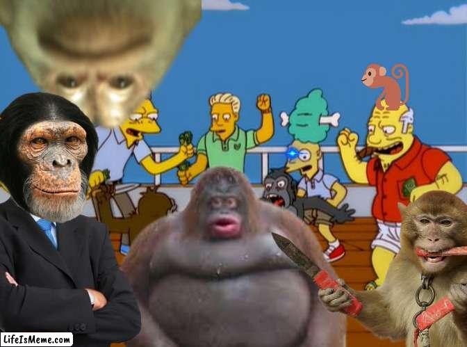 M O N K E | image tagged in monke,the simpsons,moe,simpsons monkey fight | made w/ Lifeismeme meme maker
