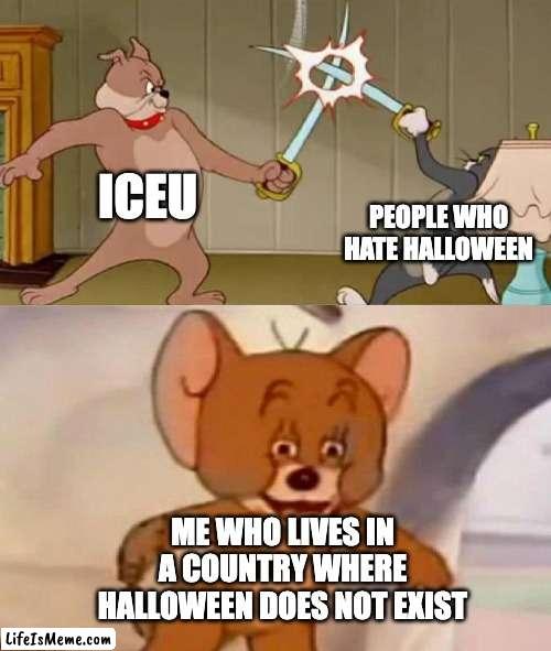 pain but ok | ICEU; PEOPLE WHO HATE HALLOWEEN; ME WHO LIVES IN A COUNTRY WHERE HALLOWEEN DOES NOT EXIST | image tagged in tom and jerry swordfight,halloween,iceu,meme,memes,pain | made w/ Lifeismeme meme maker