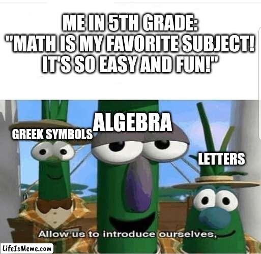 Are you sure now lil me? Try finding X | ME IN 5TH GRADE: "MATH IS MY FAVORITE SUBJECT! IT'S SO EASY AND FUN!"; ALGEBRA; GREEK SYMBOLS; LETTERS | image tagged in allow us to introduce ourselves | made w/ Lifeismeme meme maker