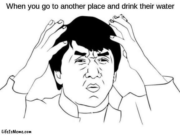 AUUGHH DISGUSTING | When you go to another place and drink their water | image tagged in memes,jackie chan wtf,relatable,funny,water | made w/ Lifeismeme meme maker