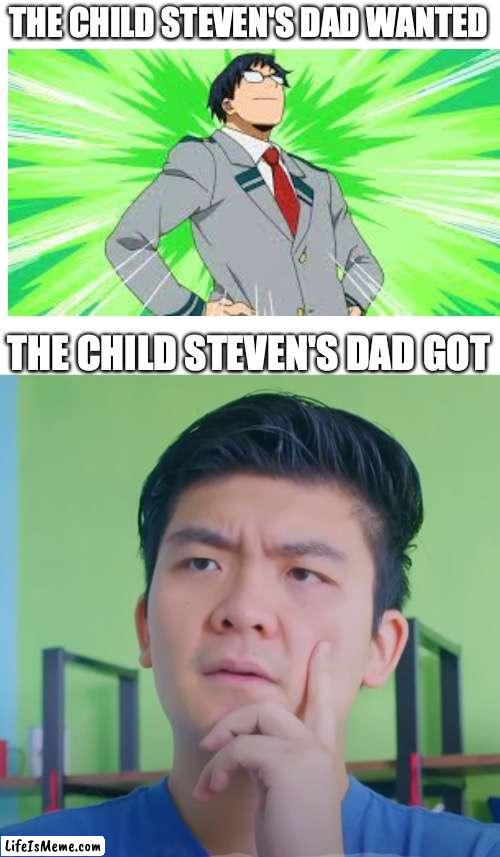 Steven in a nutshell | THE CHILD STEVEN'S DAD WANTED; THE CHILD STEVEN'S DAD GOT | image tagged in blank white template,steven he,mha,anime,StevenHe | made w/ Lifeismeme meme maker