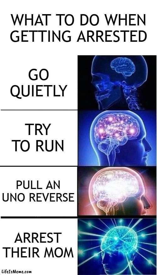 oh yeah, it's big brain time | WHAT TO DO WHEN GETTING ARRESTED; GO QUIETLY; TRY TO RUN; PULL AN UNO REVERSE; ARREST THEIR MOM | image tagged in memes,expanding brain | made w/ Lifeismeme meme maker