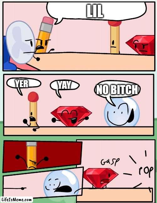 Example | LIL; YER; YAY; NO BITCH | image tagged in alliance meeting bfdi,bfdi | made w/ Lifeismeme meme maker