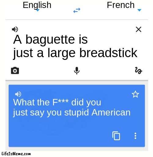 Google Translate | English; French; A baguette is just a large breadstick; What the F*** did you just say you stupid American | image tagged in google translate | made w/ Lifeismeme meme maker