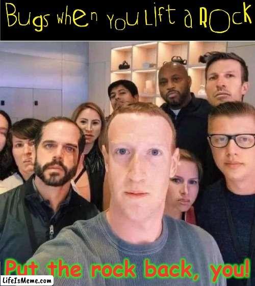 We are the World. We're in Your Garden. We are the ones who make a brighter day, so leave us alone | Put the rock back, you! | image tagged in vince vance,mark zuckerberg,facebook,bugs,under a rock,memes | made w/ Lifeismeme meme maker