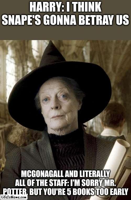 Professors When Harry Says That He Thinks Snape's Gonna Betray Them Be Like: | HARRY: I THINK SNAPE'S GONNA BETRAY US; MCGONAGALL AND LITERALLY ALL OF THE STAFF: I'M SORRY MR. POTTER, BUT YOU'RE 5 BOOKS TOO EARLY | image tagged in harry potter,memes,bruh moment,professor,books,jk rowling | made w/ Lifeismeme meme maker