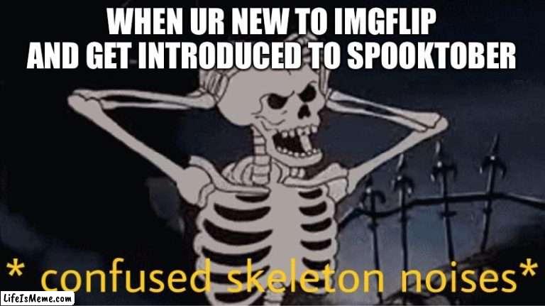 Lil weird | WHEN UR NEW TO IMGFLIP AND GET INTRODUCED TO SPOOKTOBER | image tagged in confused skeleton,spooktober | made w/ Lifeismeme meme maker
